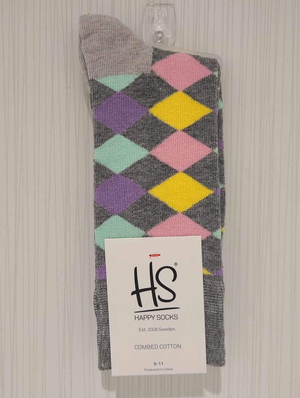 Happy Socks Gray Argyle Crew Socks with Yellow, Pink, Mint & Purple Cotton Women